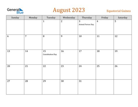 Equatorial Guinea August 2023 Calendar With Holidays