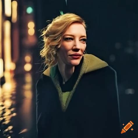 Cate Blanchett Waiting At A Rainy Bus Stop