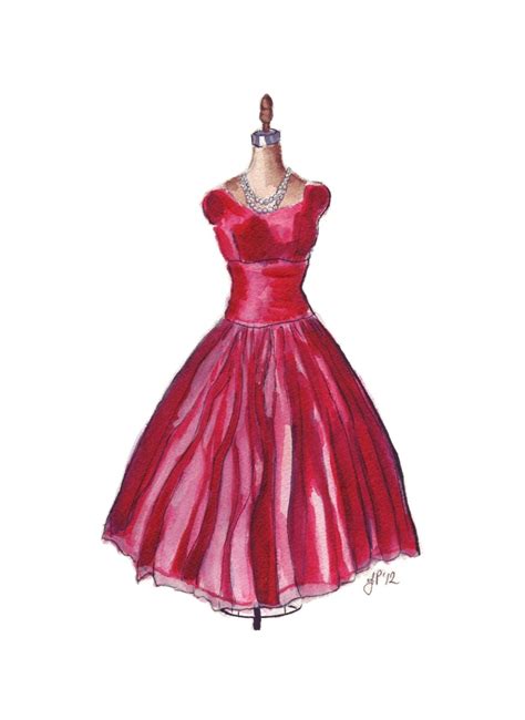 Fashion Illustration Watercolor Painting Vintage Red Dress
