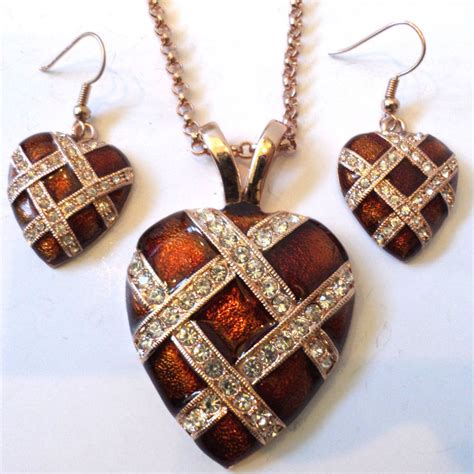 Rhinestone Bling Lattice Heart Necklace And Earrings Set Copper Rust