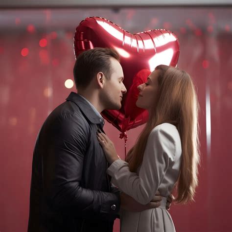 Premium Photo Couple In Love On Valentines Day Covering A Kiss With A Metallic Heartshaped