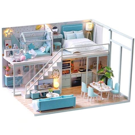Diy 3d Wooden Model Dollhouse Blue Loft Furniture Led Light Kit Tiny