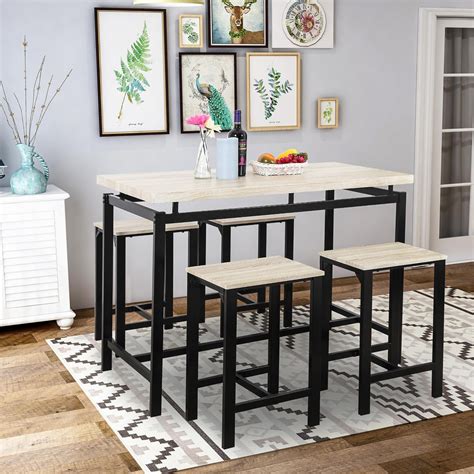 5 Piece Dining Set Bar Pub Breakfast Table Set With 4 Chairsbeige