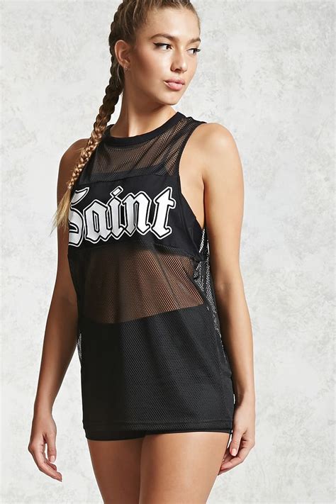 An Athletic Semi Sheer Mesh Tank Top Featuring A Front Saint Graphic