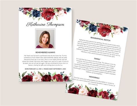 Obituary Template Funeral Memorial Card With Burgundy Red And Navy