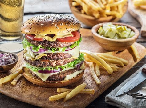 Big Hamburger And French Fries On Th Stock Photo Containing Addictive