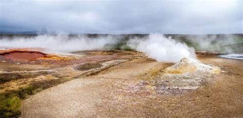 Hot Springs Steam At Geysers Volcano Landscape The Golden Ring In