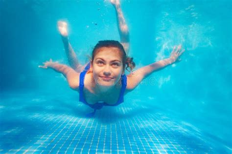 Happy Underwater Swim Pool Portrait Of Girl Dive Stock Photo Image Of