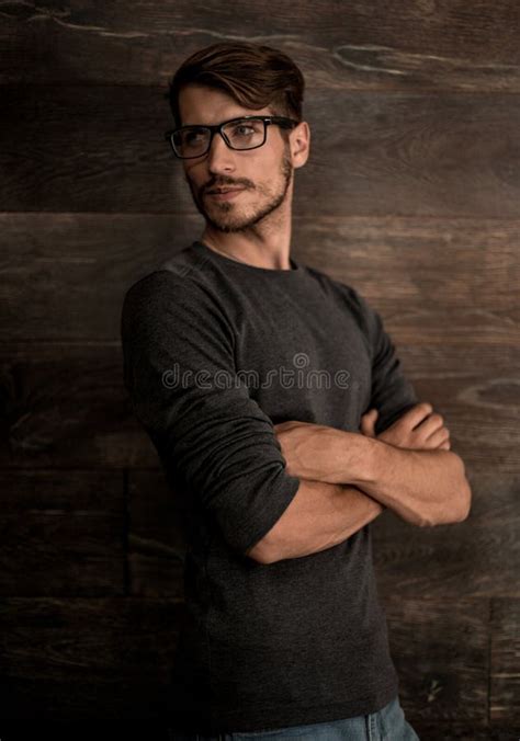 Hipster Guy Wearing Glasses With His Arms Crossed On A Dark Back Stock Image Image Of Beauty