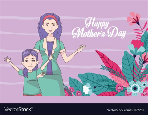 Happy Mothers Day Card With Mom And Daughter Vector Image