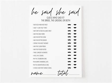 He Said She Said Bridal Shower Game Free Printable Modern Moh