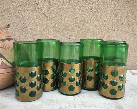 Set Of Six Hand Blown Caged Tumblers Glasses Mexican Green Glassware Brutalist Imprisioned