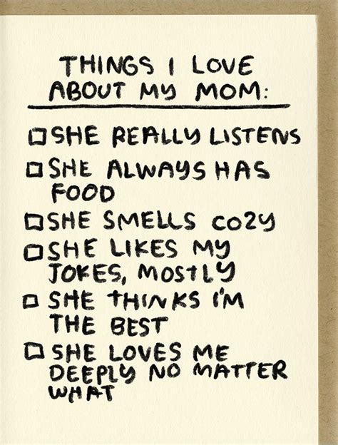 a piece of paper with writing on it that says things i love about my mom