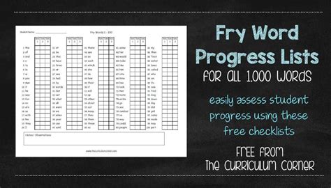 Fry Word Checklists The Curriculum Corner 123