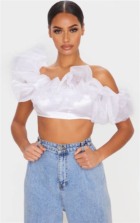 White Sheer One Shoulder Ruffle Crop Top Prettylittlething