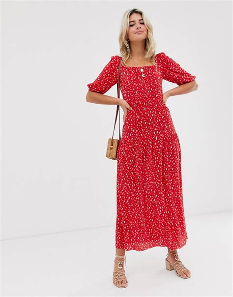 Asos Design Plisse Maxi Dress In Red Ditsy Print Multi Modesens
