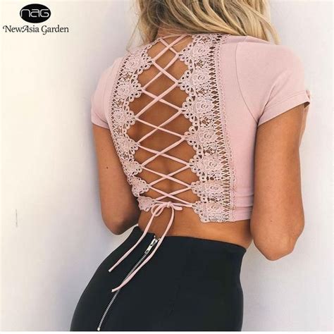 Plunge V Neck Back Lace Up Women Crop Top Lace Insert Backless Top With Images Fashion Cute