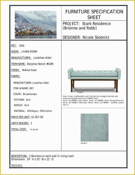 Free Interior Design Spec Sheet Template Of Furniture Product