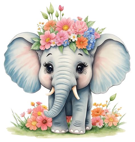 Cute Cartoon Elephant With Flowers On Head Ai Generative 28671786 Png