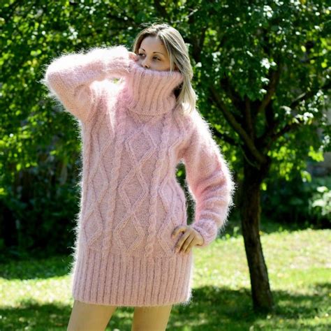 Super Sexy Woman Cable Hand Knitted Mohair Sweater Turtleneck Light Pink Color Fuzzy And Fluffy