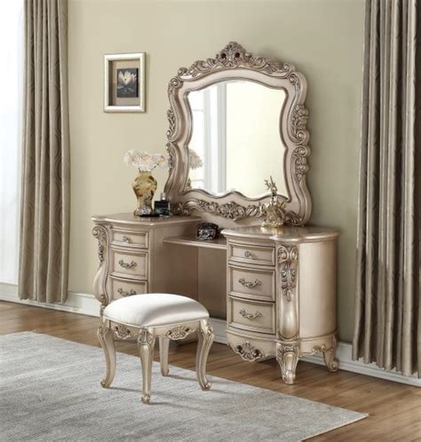 3 Piece Acme Vendome Gold Patina Vanity Set With Stool Usa Furniture