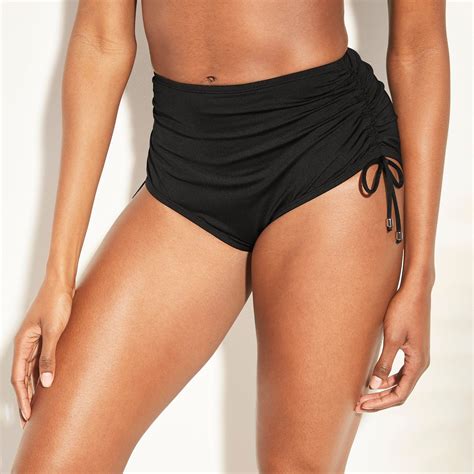 Womens Full Coverage High Waist Side Cinch Bikini Bottom Kona Sol Black Xs High Waisted