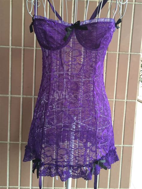 Women S Purple Chemise Lace Sheer Sexy Lingerie 3 Piece Set Milanoo Com