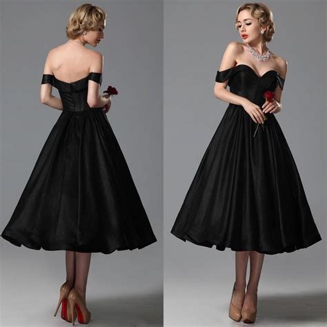 2015 Vintage Black Wedding Dresses A Line Sweetheart Off Shoulder Tea