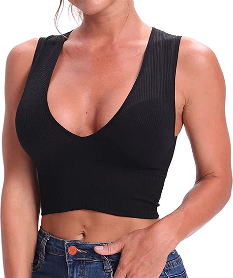 Women Sexy Deep V Neck Tank Tops Summer Sleeveless Slim Knit Ribbed Cami Crop Top Shirt Blouses