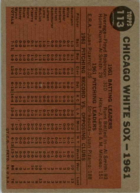 1962 Topps 113 Chicago White Sox Tc Vg Ebay