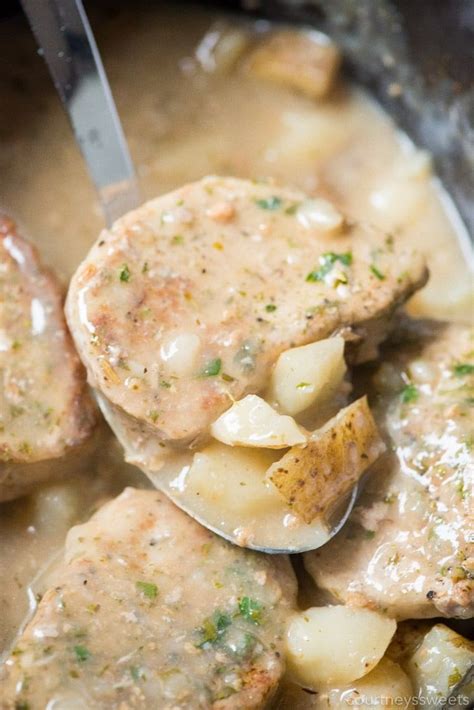 Spoon out the sauce and spread it over the pork chops. slow cooker boneless pork chops and potatoes in 2020 ...
