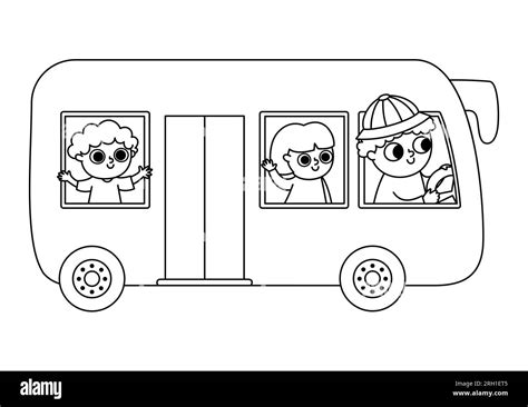 Vector Black And White Bus With Driver And Passengers Funny Line