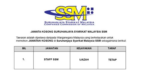 If you have what it takes to be a suruhanjaya syarikat malaysia (ssm) staff, to bring ssm to greater heights, we want to hear from you. Suruhanjaya Syarikat Malaysia SSM [ Jawatan Kosong Dibuka ...
