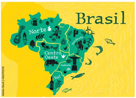Vetor De Brazil Map With Different Flora And Fauna Symbols Geographic