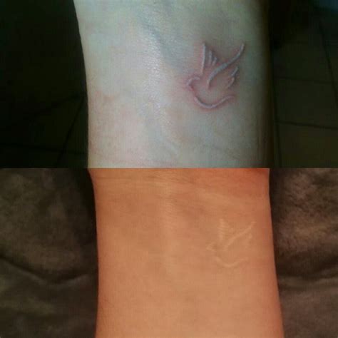 Let's hope my little bro likes it, she wrote on her snapchat.hope i made my little one proud today. White ink tattoo - dove on my wrist - Top: first day ...