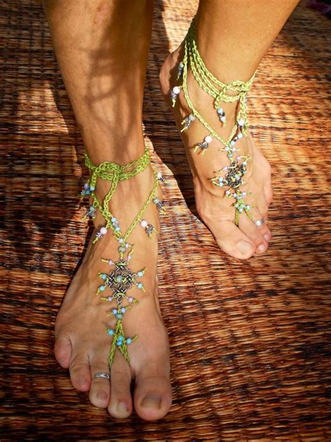 Hippie Boho Barefoot Sandals With Green Lace Crochet Eternal Etsy Bare Foot Sandals Boho