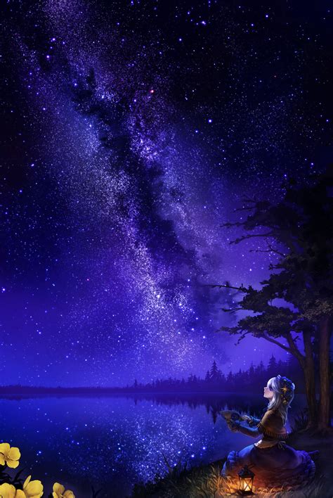 Stars Forest Sky Night Girl Art Beautiful Pictures