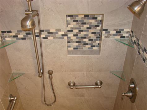 The elegant shower shelf easily installs in the corner of your shower and provides ample space for all of your amenities. Four Corner Glass Shower Shelves On Beige Ceramic Tile Wall Inside Brilliant Along With ...