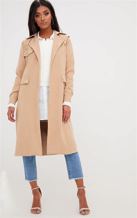 Beige Longline Belted Trench Coat Coats And Jackets Prettylittlething Usa