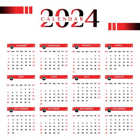 Siyah Ve Kırmızı Geometrik şekilli 2024 Takvimi Vektör Takvim 2024