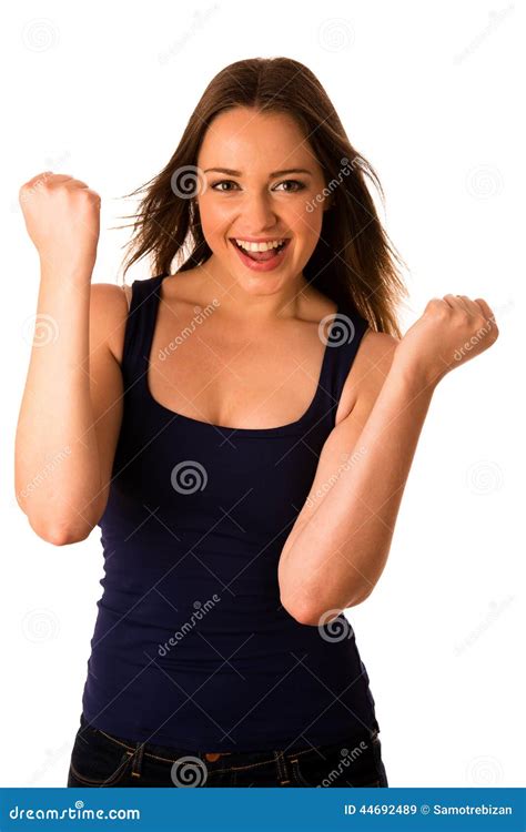 Excited Asian Caucasian Woman Gesturing Success Stock Image Image Of Happiness Beautiful