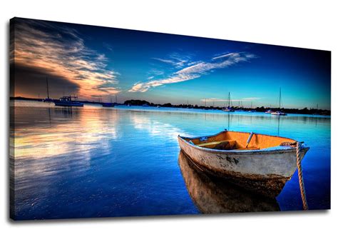 Large Canvas Wall Art Boat Blue Lake Clear Water Sunset Picture Modern