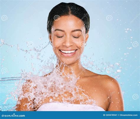 Beauty Smile And Splash With Woman And Water For Shower Cleaning And Hydration Facial