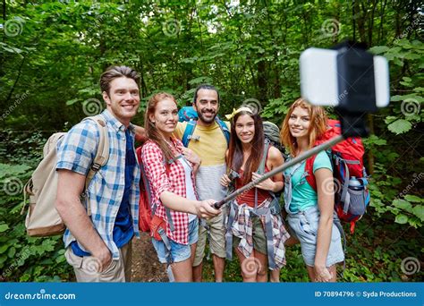 Friends With Backpack Taking Selfie By Smartphone Stock Photo Image