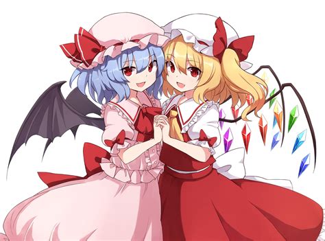 2girls Blonde Hair Blue Hair Bow Fang Flandre Scarlet Hat Ponytail Red