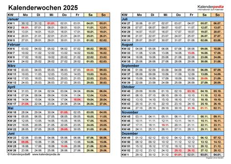Kalenderwochen 2025 Mit Vorlagen Für Excel Word And Pdf