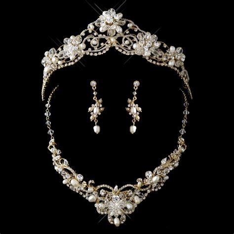 Crystal Couture Pearl Wedding Tiara Necklace Set Elegant Bridal Hair