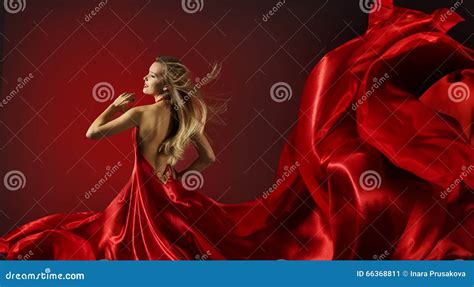 Woman In Red Dress Dancing Fashion Model With Flying Fabric Stock Image Image Of Beauty Body