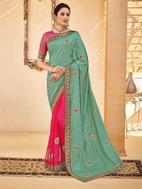 Green Poly Silk Embroidered Two Tone Designer Saree Indian Women Fashions Pvt Ltd 3109615