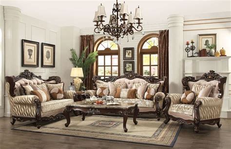 Shalisa Elegant Formal Living Room Set With Accent Pillows Ornate Walnut Finish Wood Frame